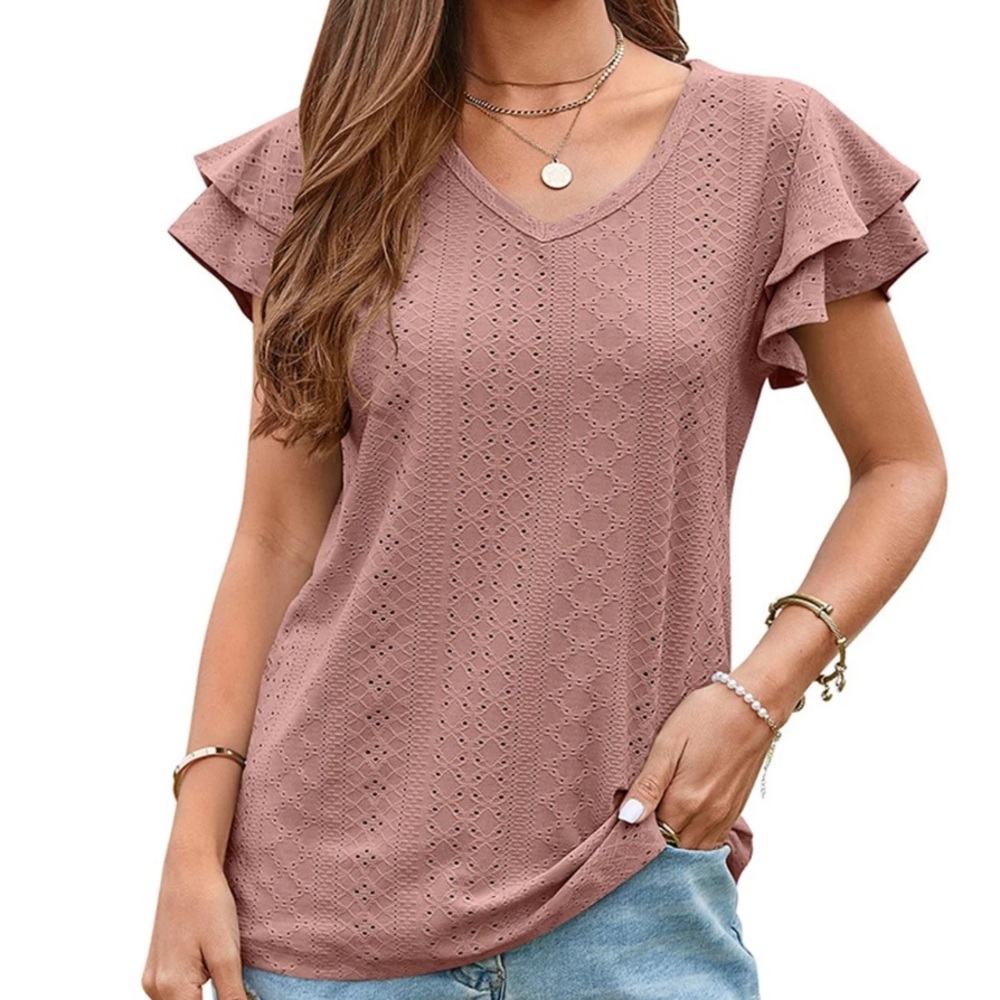 Pink Flutter Sleeve Ruffled Blouse